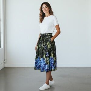 Ann Taylor LOFT black blue floral pleated A-line skirt Size 14 tie waist pockets